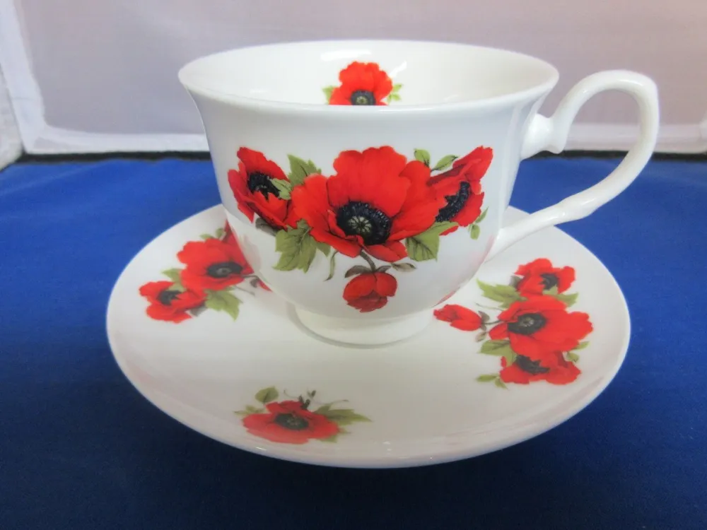 Adderley Ceramics Autumn Poppy Teacup & Saucer- Teacups & Saucers