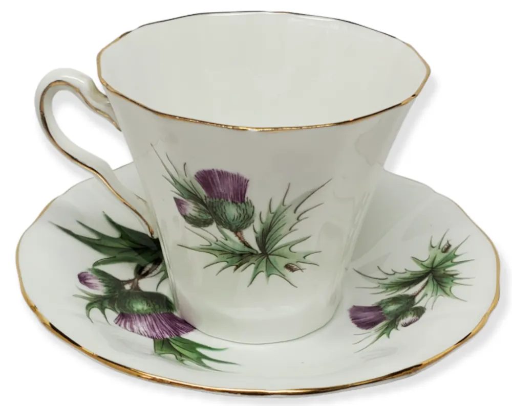 Adderley Ceramics Thistle Cup & Saucer with Gold Trim- Teacups & Saucers