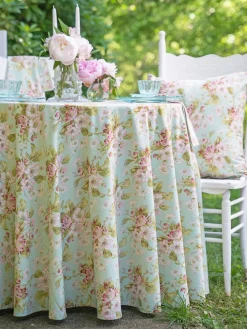 April Cornell Apple Blossom Aqua 88" Round Tablecloth- Tablecloths