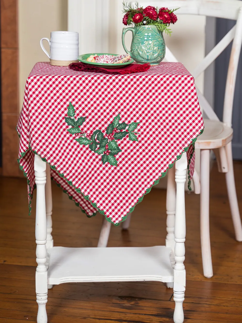 April Cornell Holly Gingham Embroidered Square Tablecloth, 36" x 36"- Tablecloths
