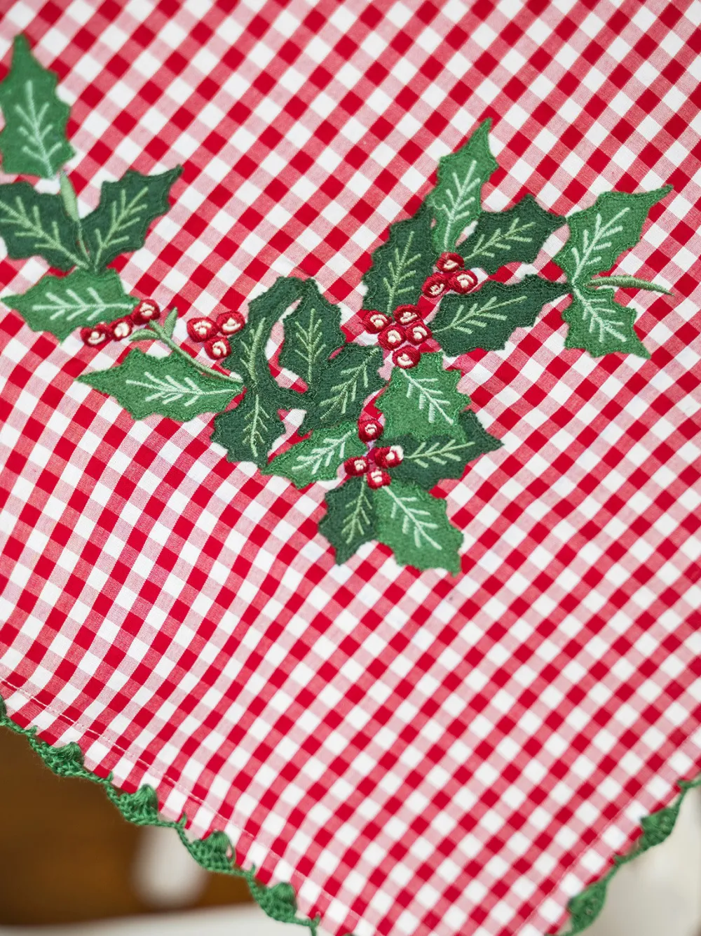 April Cornell Holly Gingham Embroidered Square Tablecloth, 36" x 36"- Tablecloths