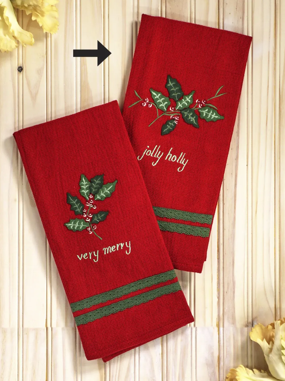 April Cornell Holly Gingham Jolly Holly Embroidered Tea Towel- Tea Towels
