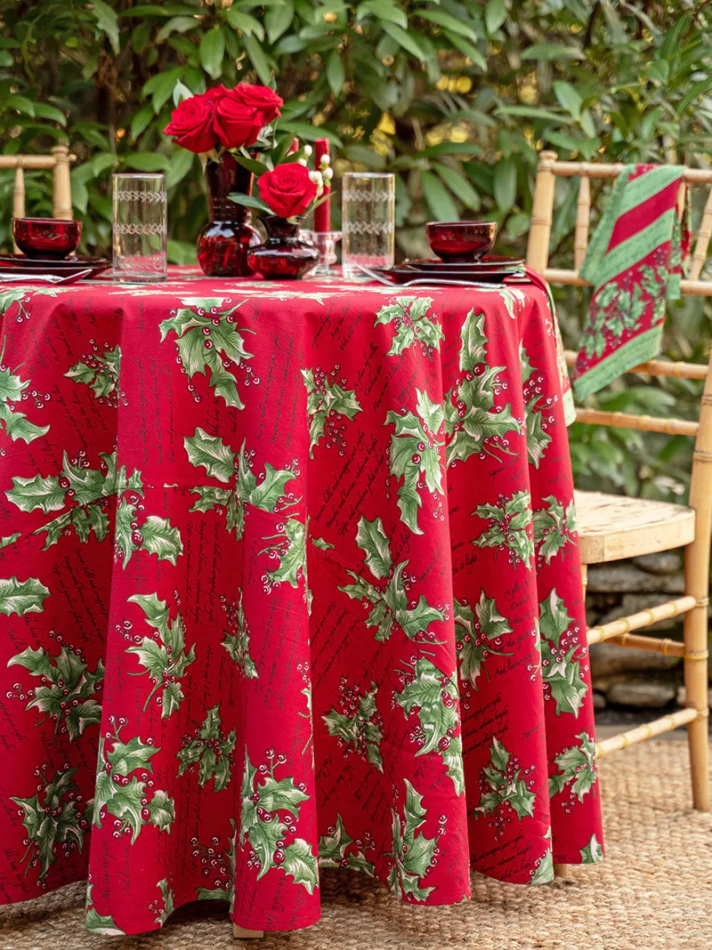 April Cornell Holly Song Red 88" Round Tablecloth- Tablecloths