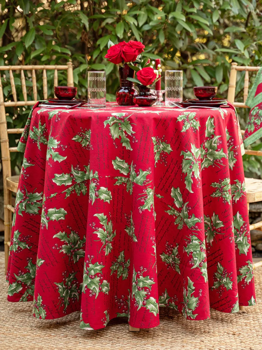 April Cornell Holly Song Red 88" Round Tablecloth- Tablecloths