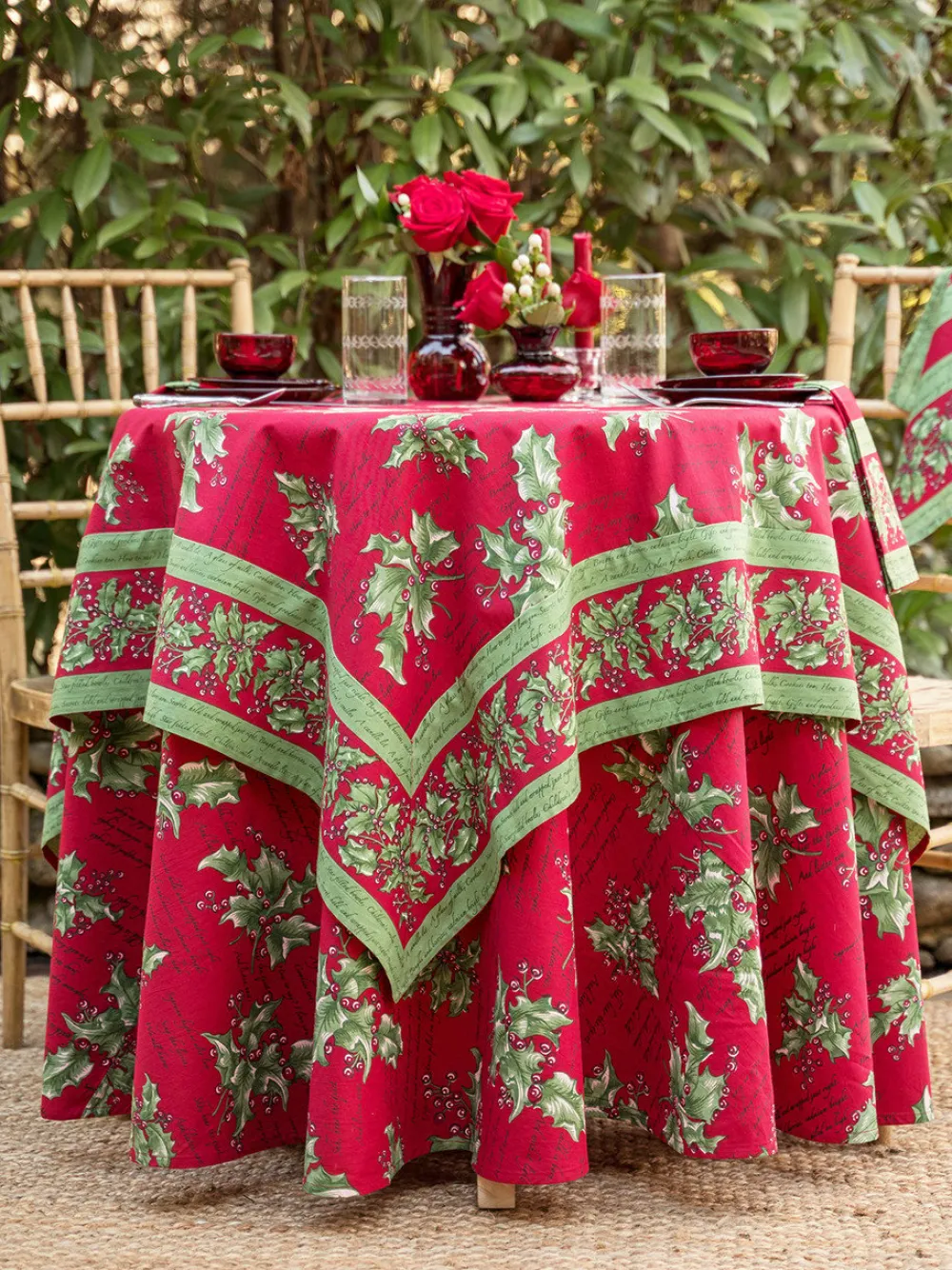 April Cornell Holly Song Red 88" Round Tablecloth- Tablecloths