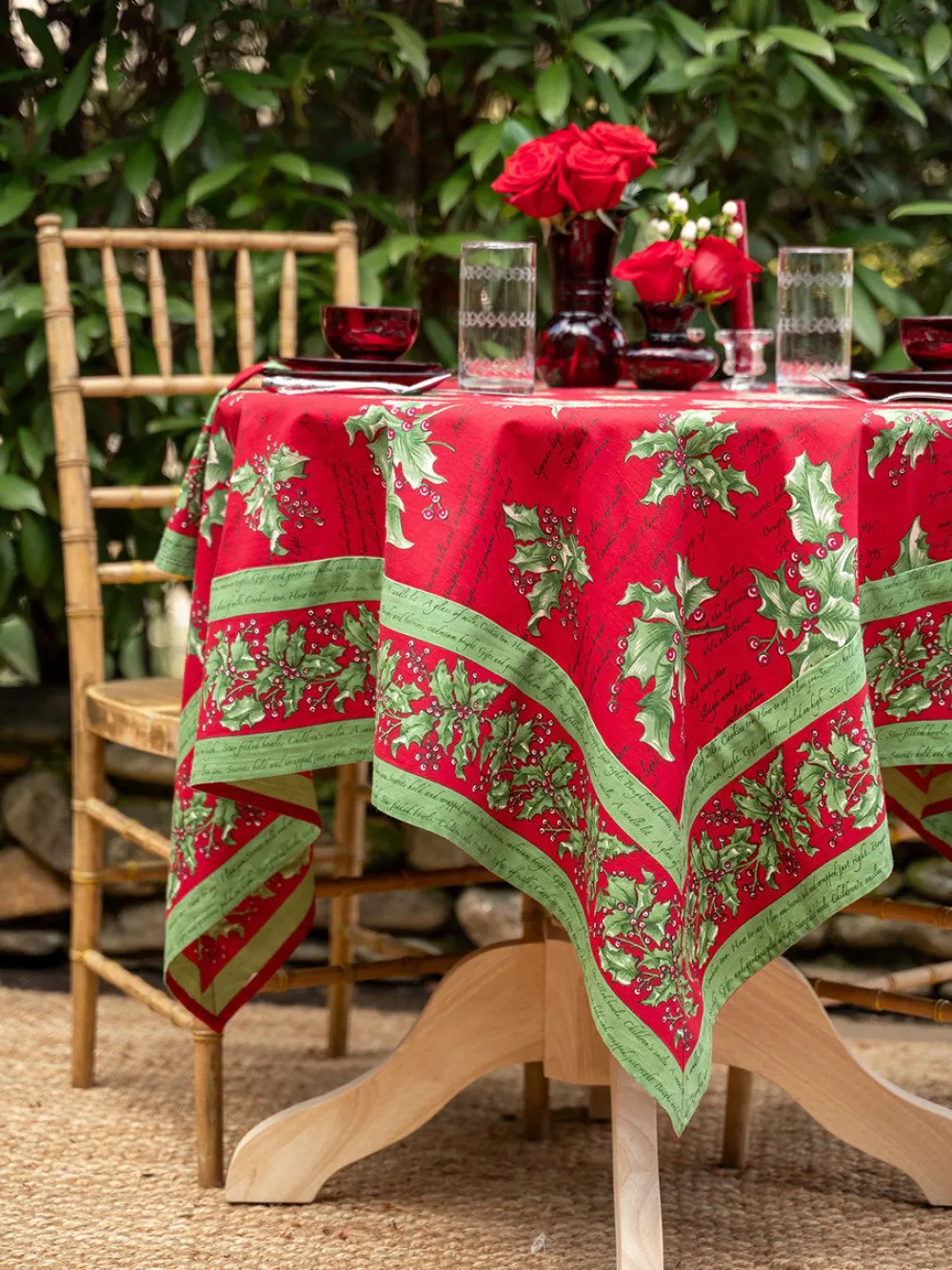 April Cornell Holly Song Red Tablecloth, 60" x 90"- Tablecloths