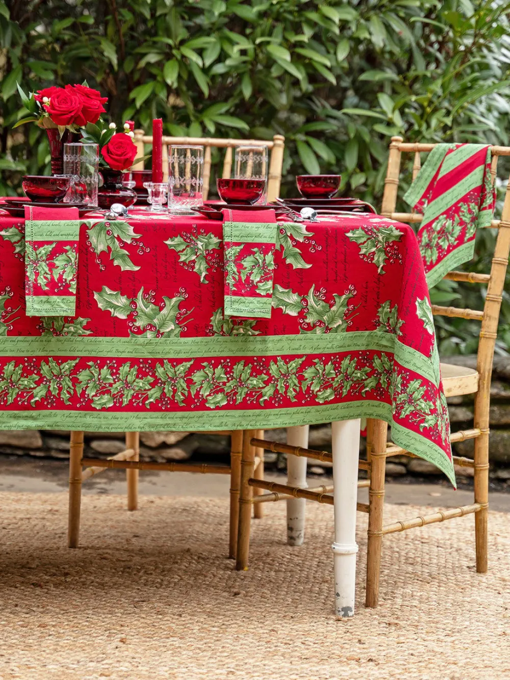 April Cornell Holly Song Red Tablecloth, 60" x108"- Tablecloths