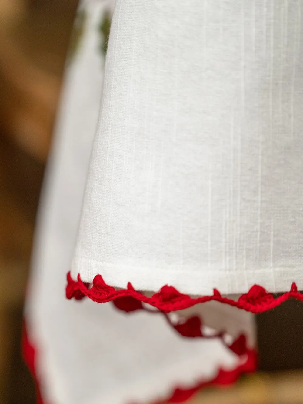 April Cornell Poinsettia with Red Trim Embroidered Tablecloth, 36" x 36"- Tablecloths