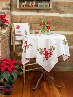 April Cornell Poinsettia with Red Trim Embroidered Tablecloth, 36