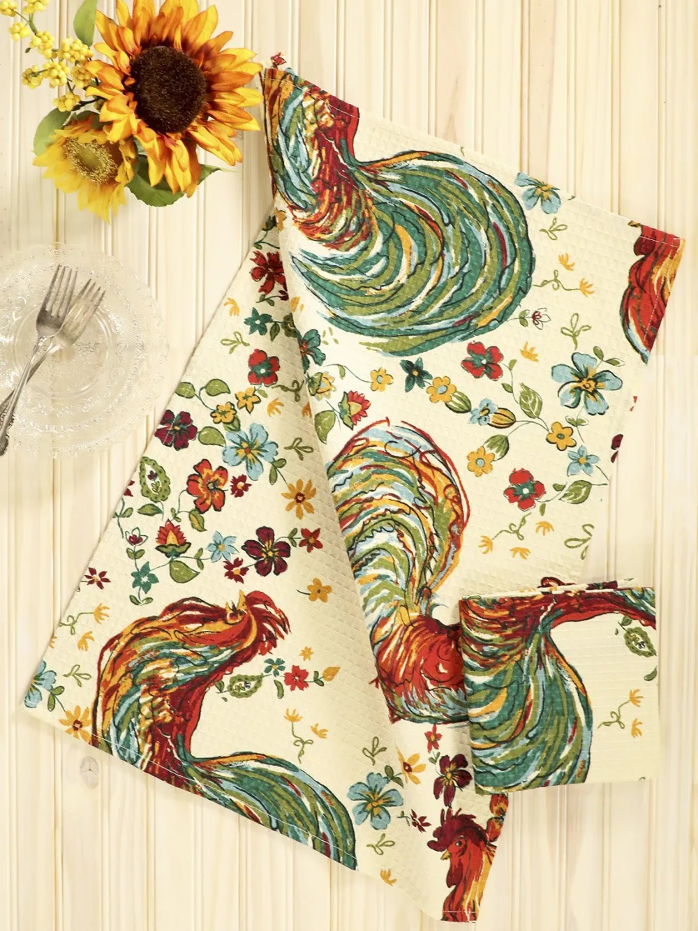 April Cornell Rooster Ecru Tea Towel- Tea Towels