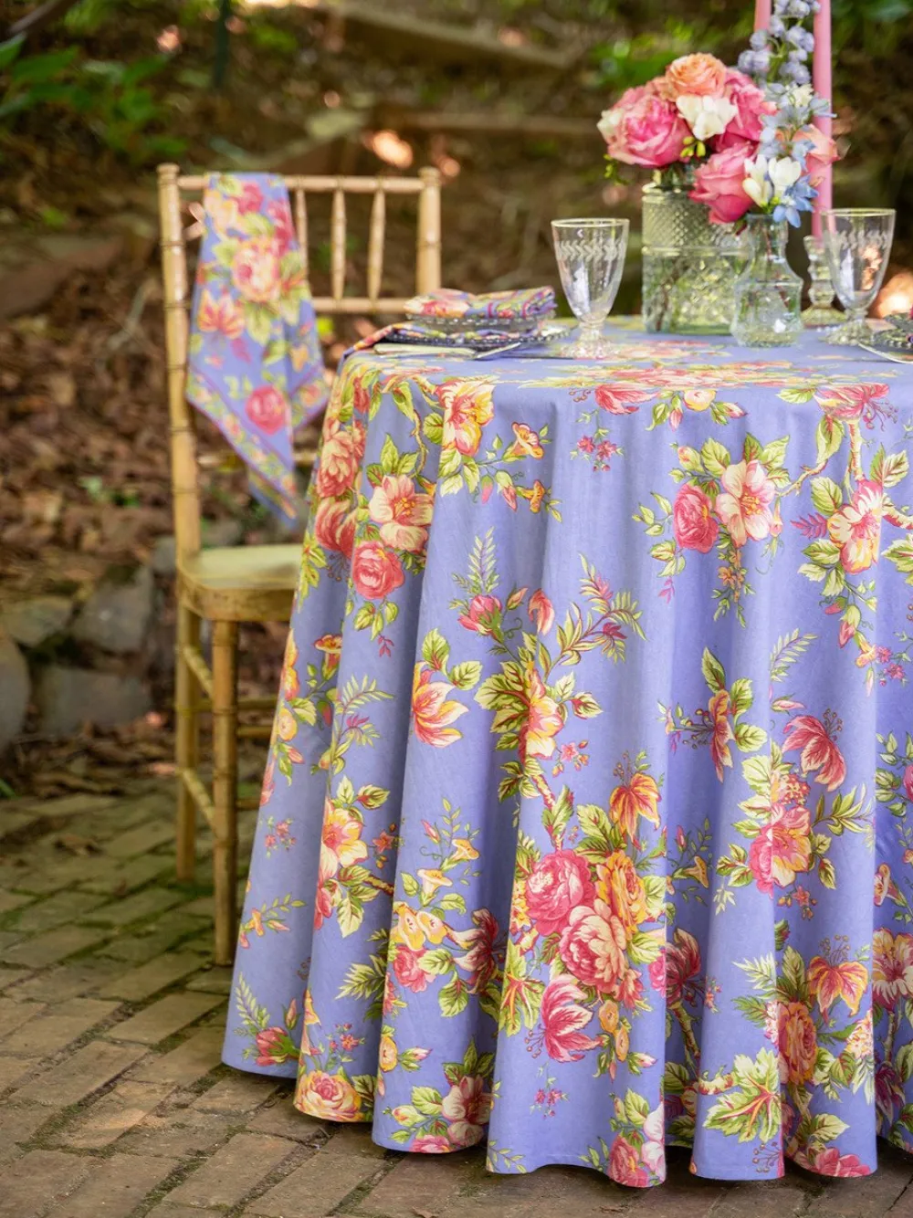 April Cornell Rosemary Periwinkle 88" Round Tablecloth- Tablecloths
