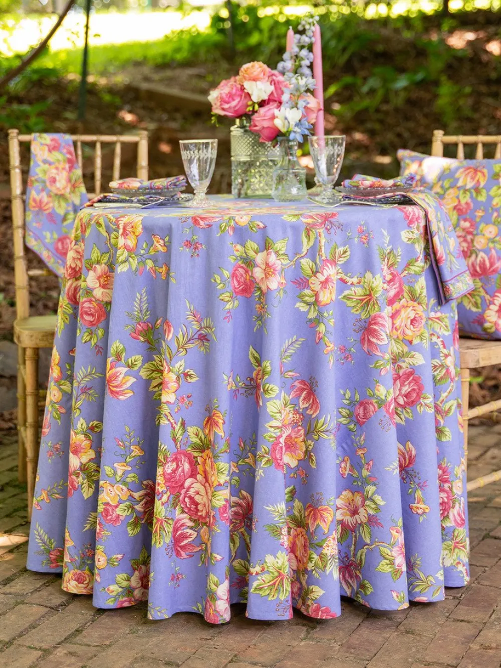 April Cornell Rosemary Periwinkle 88" Round Tablecloth- Tablecloths