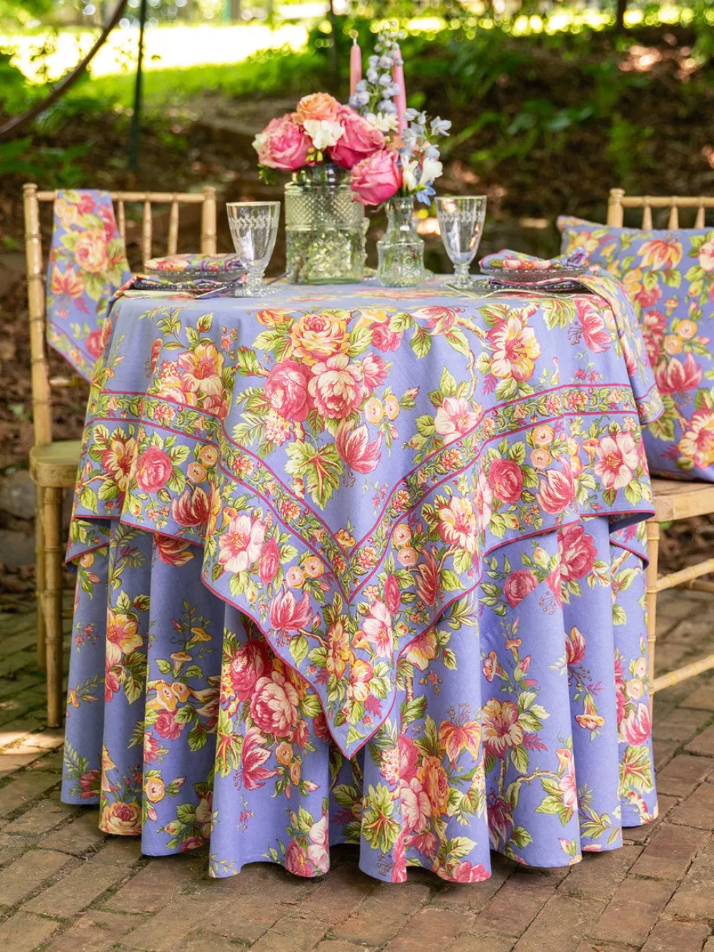 April Cornell Rosemary Periwinkle 88" Round Tablecloth- Tablecloths