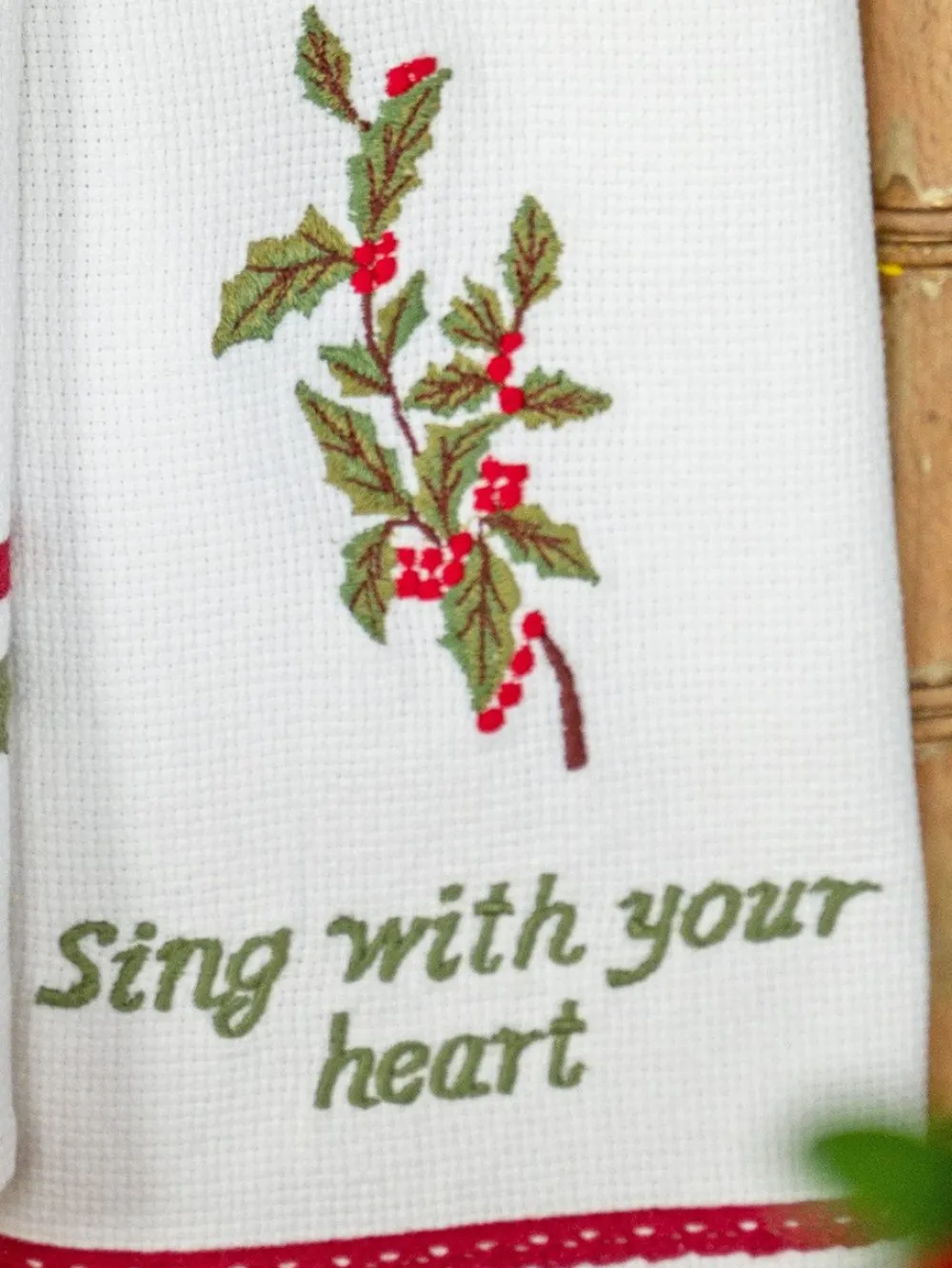 April Cornell Sing with Your Heart' Holly Embroidered White Tea Towel- Tea Towels
