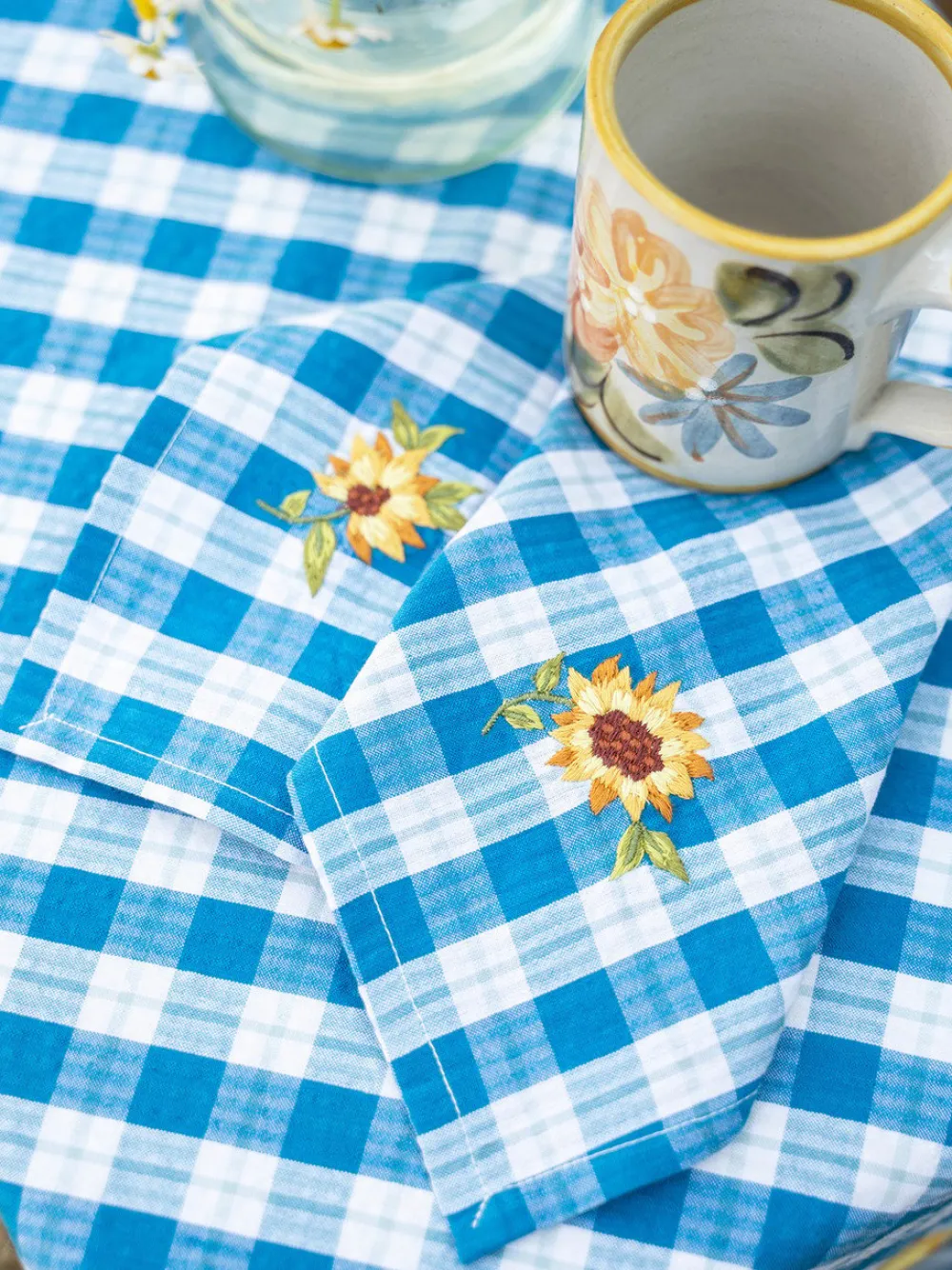 April Cornell Sunflower Navy Embroidered Tea Napkins- Cotton Napkins