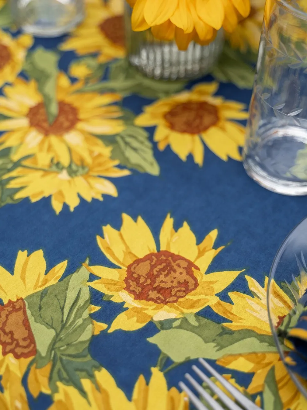 April Cornell Sunflower Valley Navy Tablecloth, 60" x 90"- Tablecloths