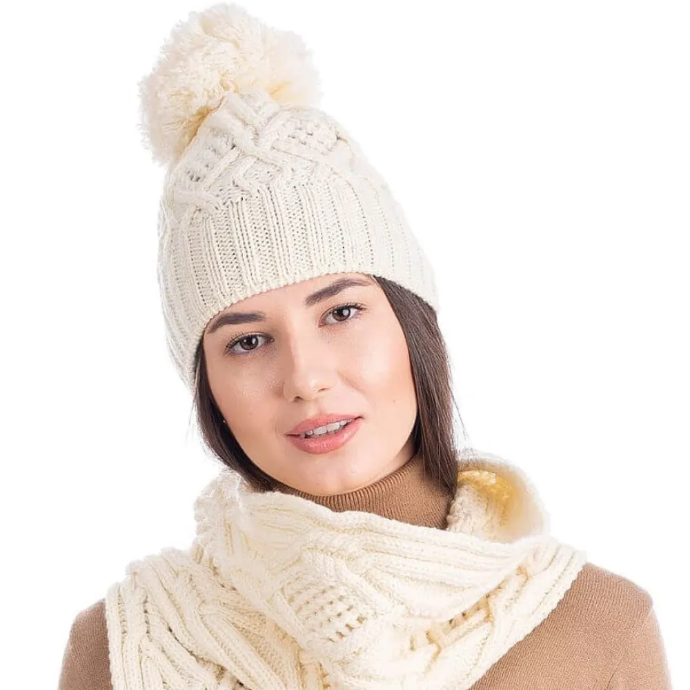 Aran Wool Bobble Hat (Cream)- Hats