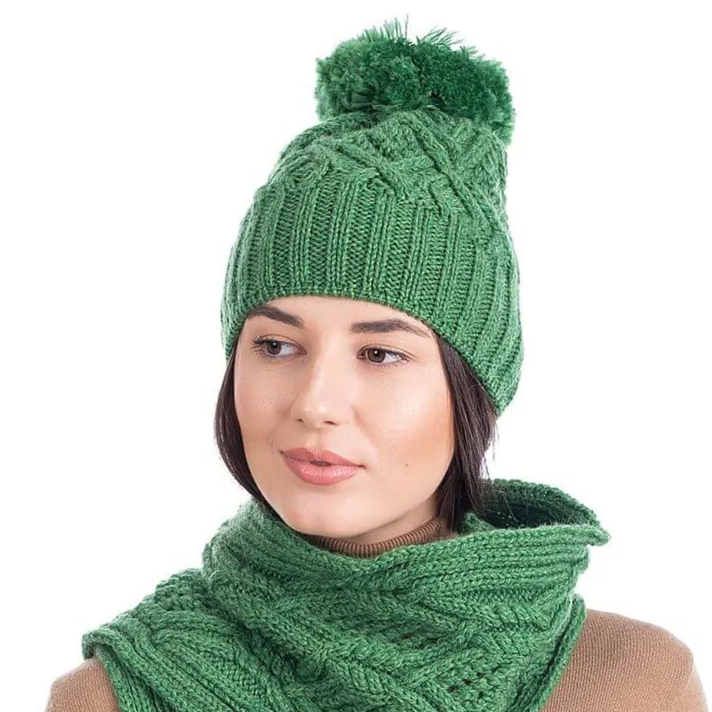 Aran Wool Bobble Hat (Green)- Hats