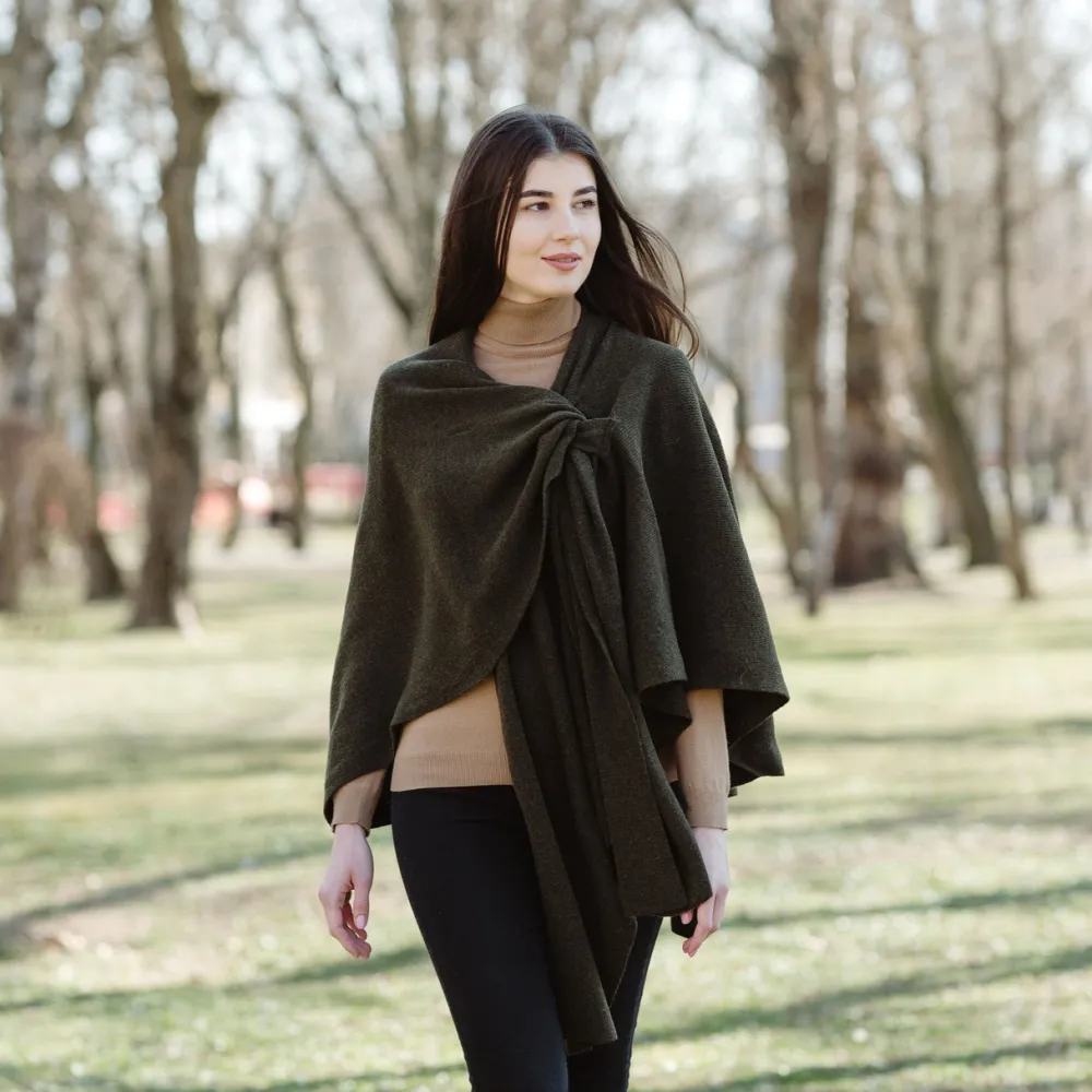 Army Green Lambswool Draped Shawl- Scarves & Wraps