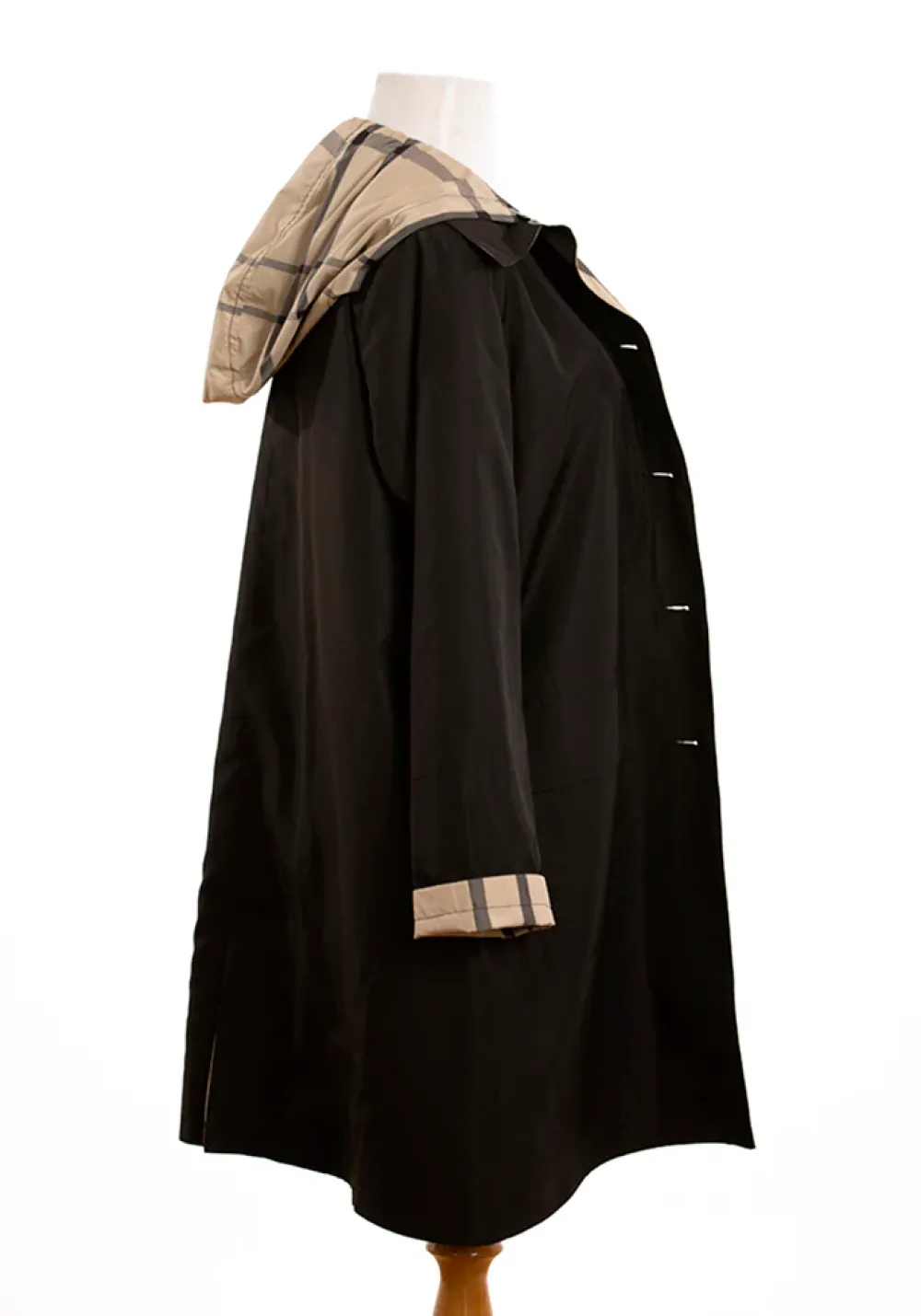 Black & Plaid Rain Trench Coat with Detachable Hood- Rainwear & Umbrellas