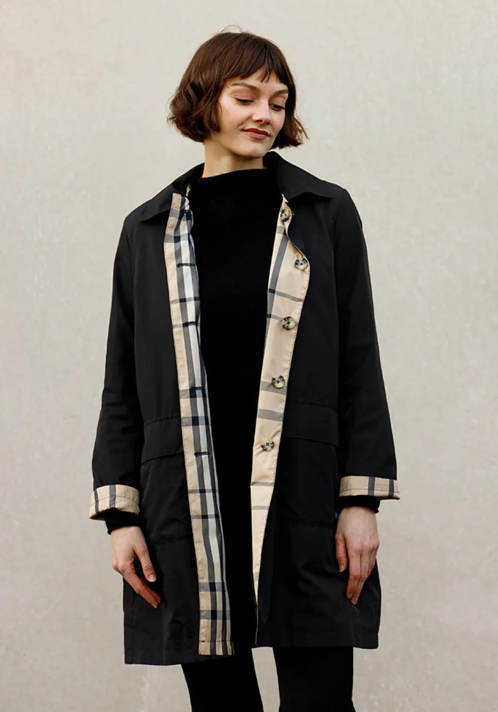 Black & Plaid Rain Trench Coat with Detachable Hood- Rainwear & Umbrellas