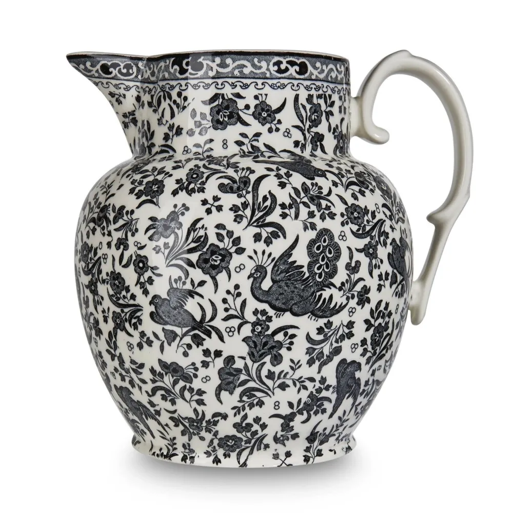 Burleigh Pottery Black Regal Peacock Large Etruscan Jug- Burleigh Pottery