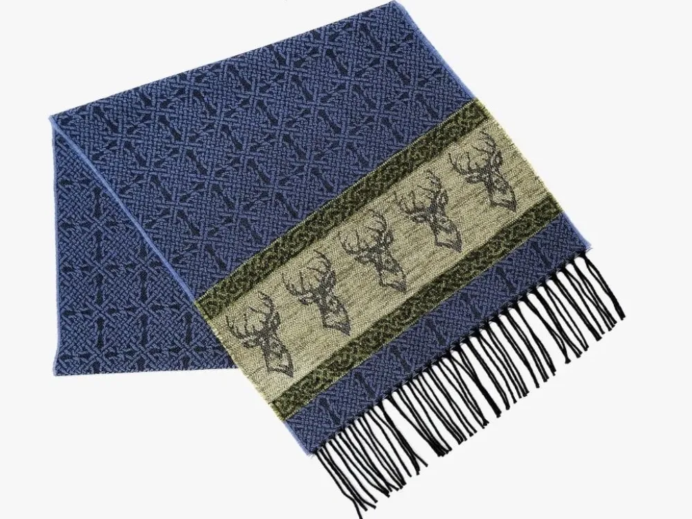 Calzeat of Scotland Celtic Alba Highland Stag Blue Jacquard Scarf- Scarves & Wraps