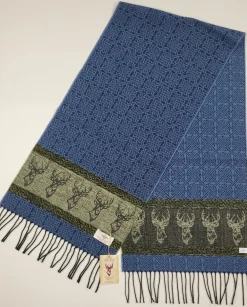 Calzeat of Scotland Celtic Alba Highland Stag Blue Jacquard Scarf- Scarves & Wraps