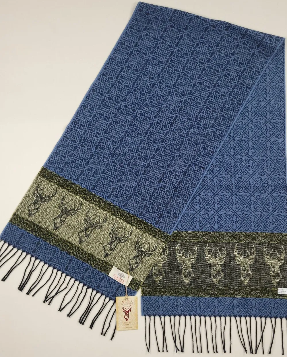 Calzeat of Scotland Celtic Alba Highland Stag Blue Jacquard Scarf- Scarves & Wraps