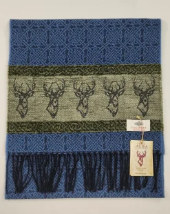 Calzeat of Scotland Celtic Alba Highland Stag Blue Jacquard Scarf- Scarves & Wraps