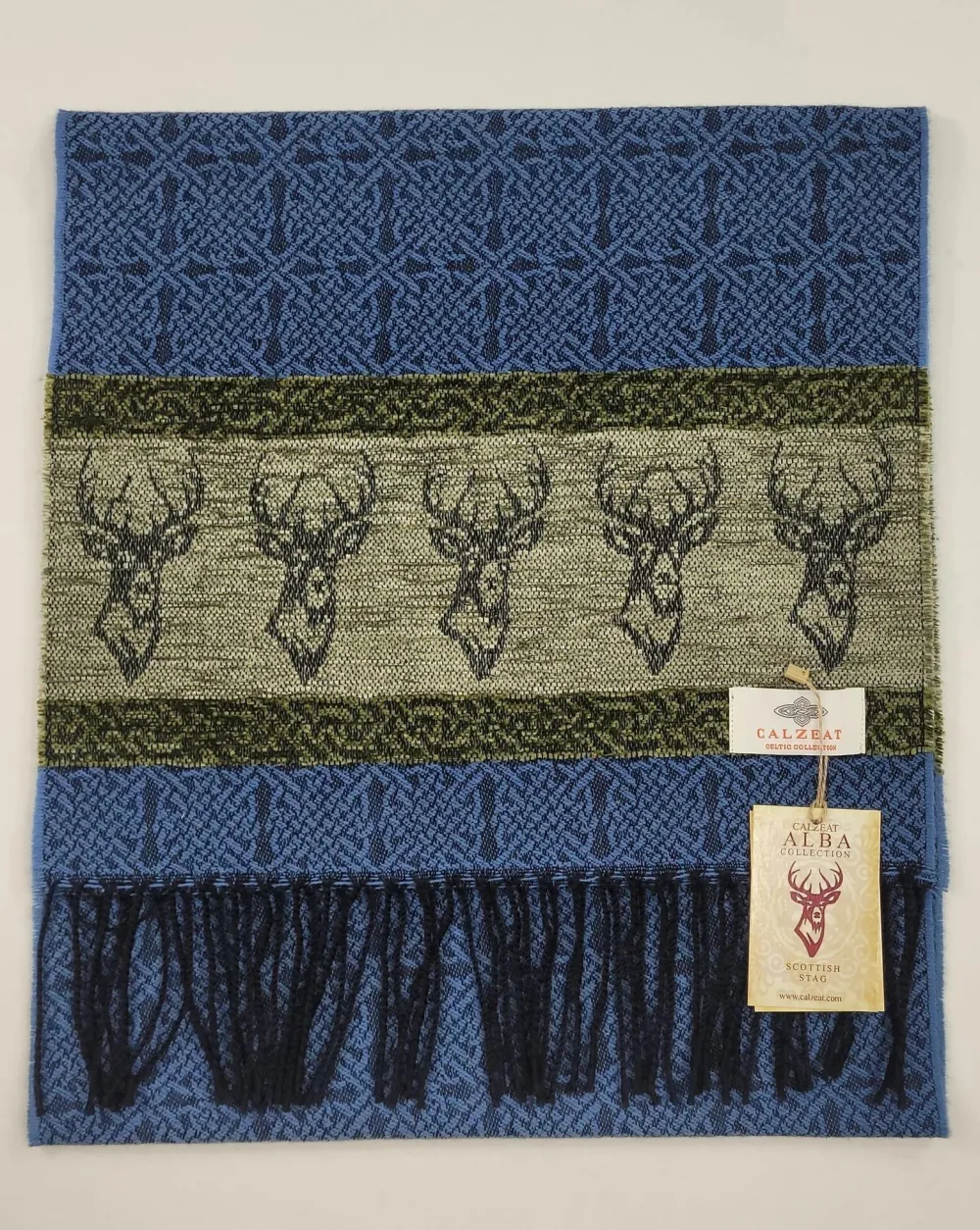 Calzeat of Scotland Celtic Alba Highland Stag Blue Jacquard Scarf- Scarves & Wraps