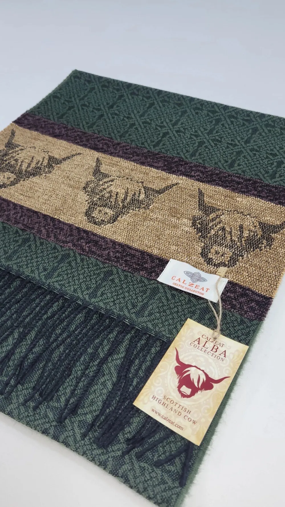 Calzeat of Scotland Celtic Alba Highland Cow Loden Jacquard Scarf- Scarves & Wraps