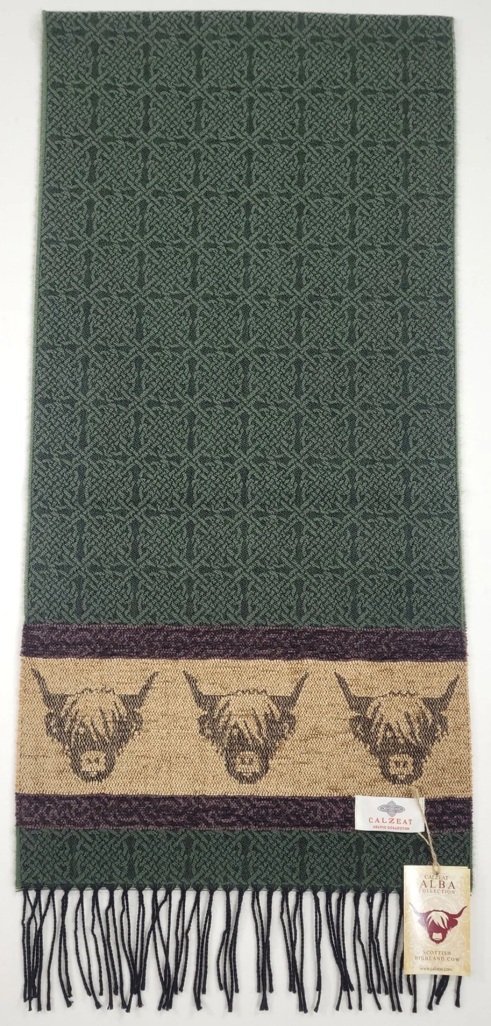 Calzeat of Scotland Celtic Alba Highland Cow Loden Jacquard Scarf- Scarves & Wraps