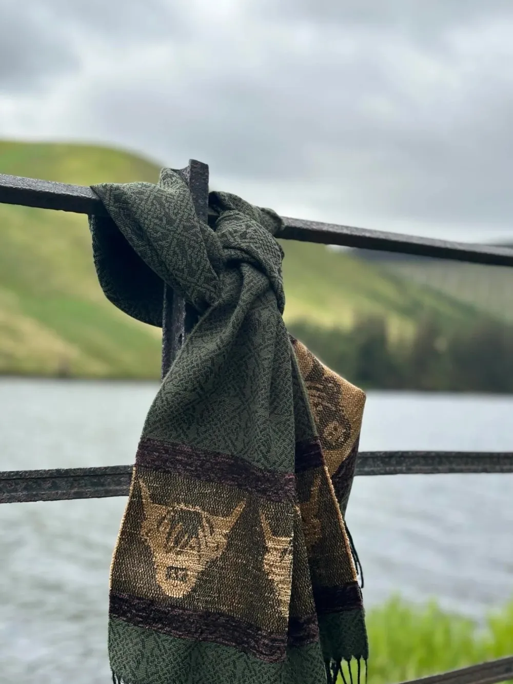 Calzeat of Scotland Celtic Alba Highland Cow Loden Jacquard Scarf- Scarves & Wraps
