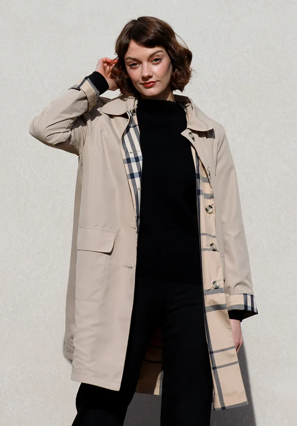 Camel & Plaid Rain Trench Coat with Detachable Hood- Rainwear & Umbrellas