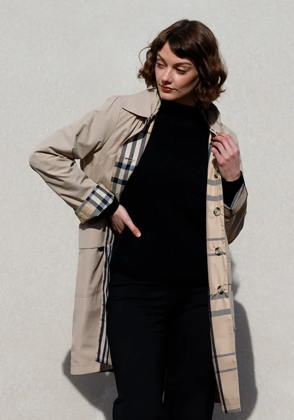Camel & Plaid Rain Trench Coat with Detachable Hood- Rainwear & Umbrellas