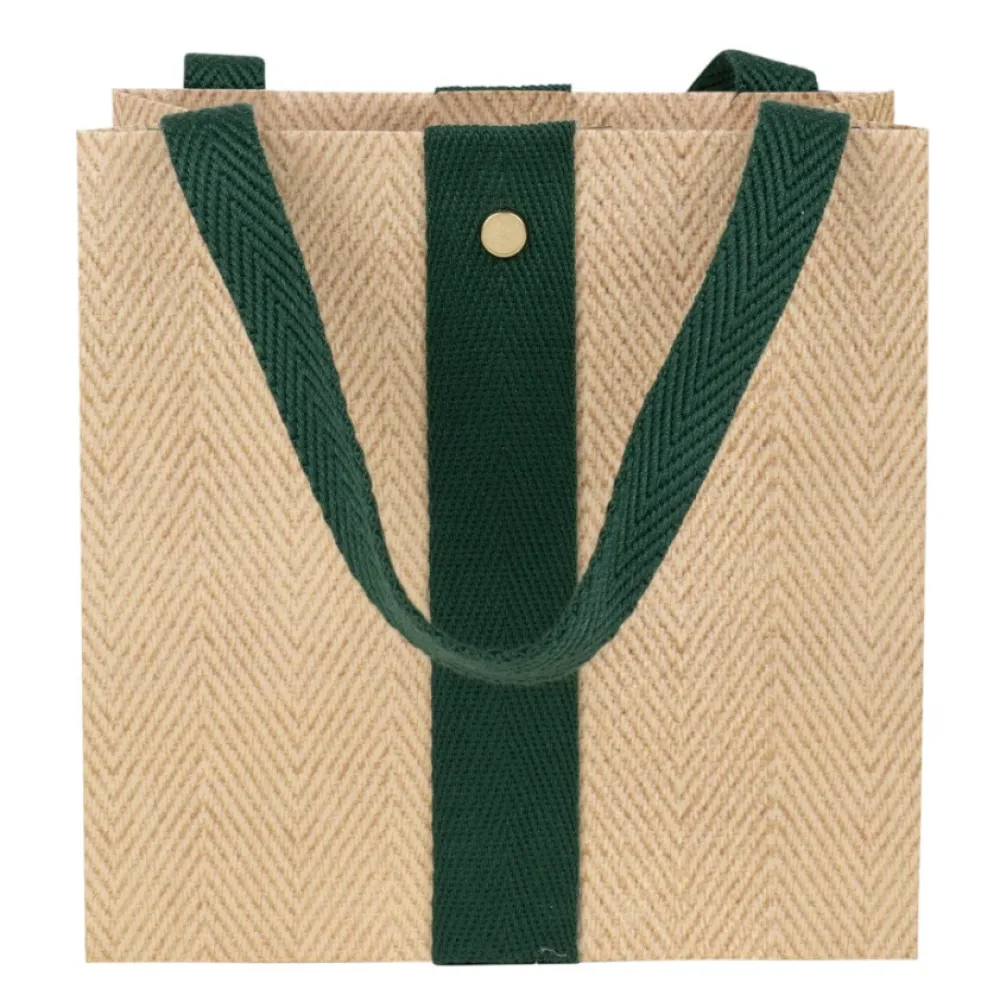 Caspari Jute And Twill Natural/Hunter Small Gift Bag- Gift Bags