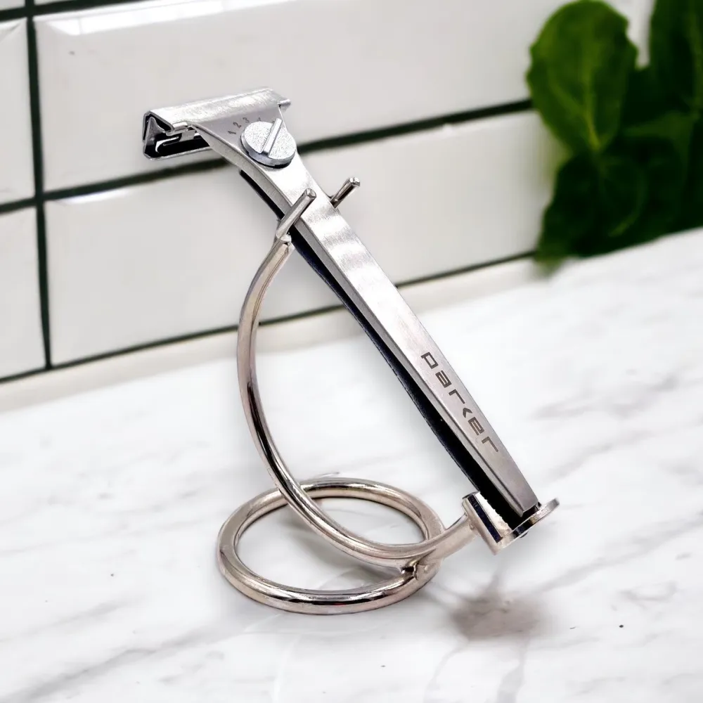 Curved Chrome Razor Stand for Safety Razors- Blades & Shave Accessories