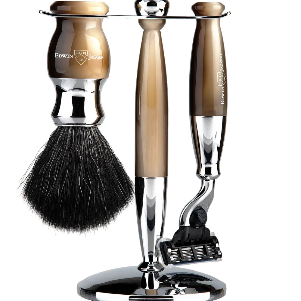 Edwin Jagger Light Horn & Chrome Mach 3 Shaving Set- Shaving Sets