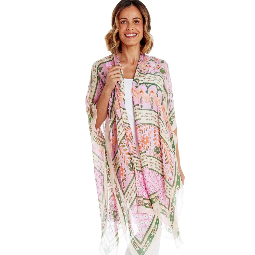 Folk Flowers Pink Long Kimono- Robes, Nightgowns & Dresses