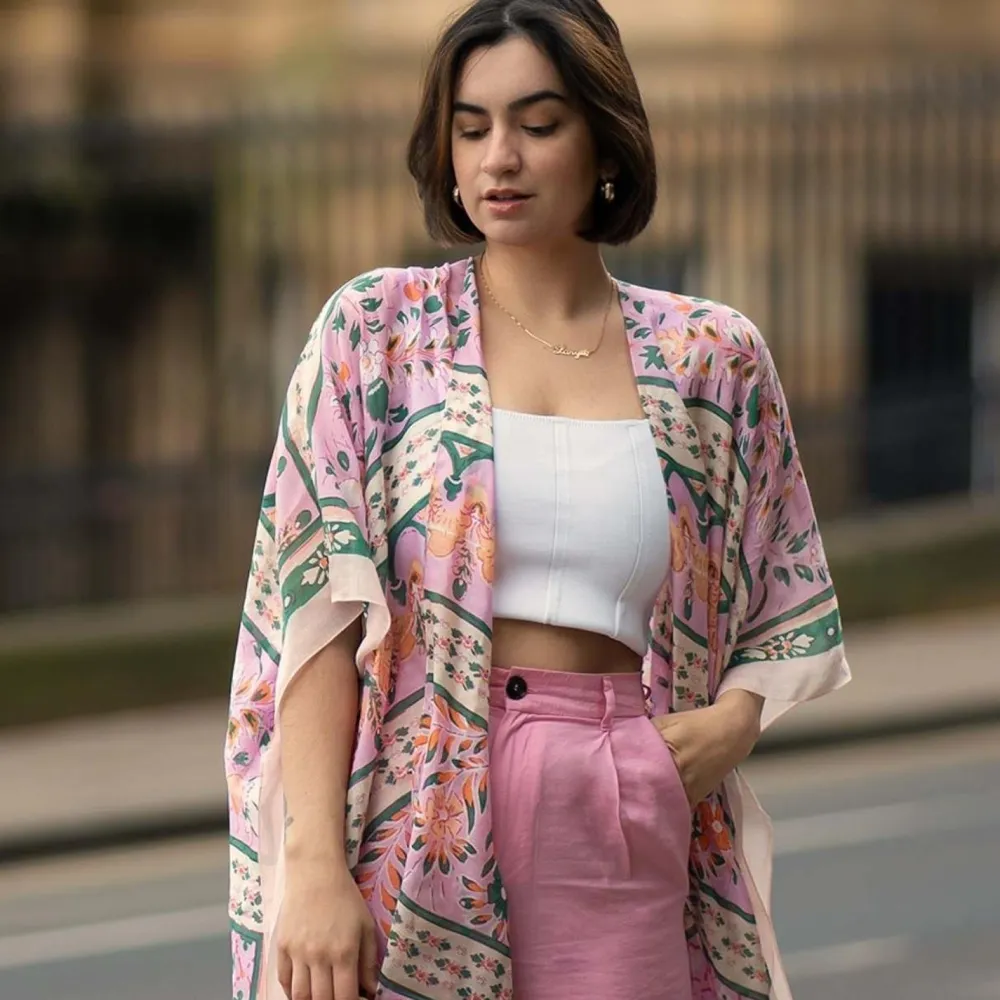 Folk Flowers Pink Long Kimono- Robes, Nightgowns & Dresses