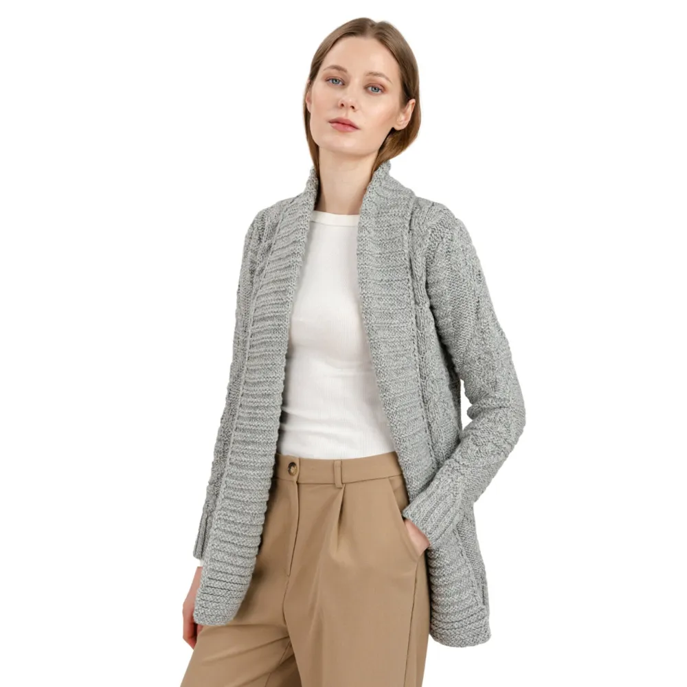 Grey Open Front Cable Knit Cardigan- Shirts & Sweaters