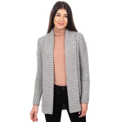 Grey Open Front Cable Knit Cardigan- Shirts & Sweaters