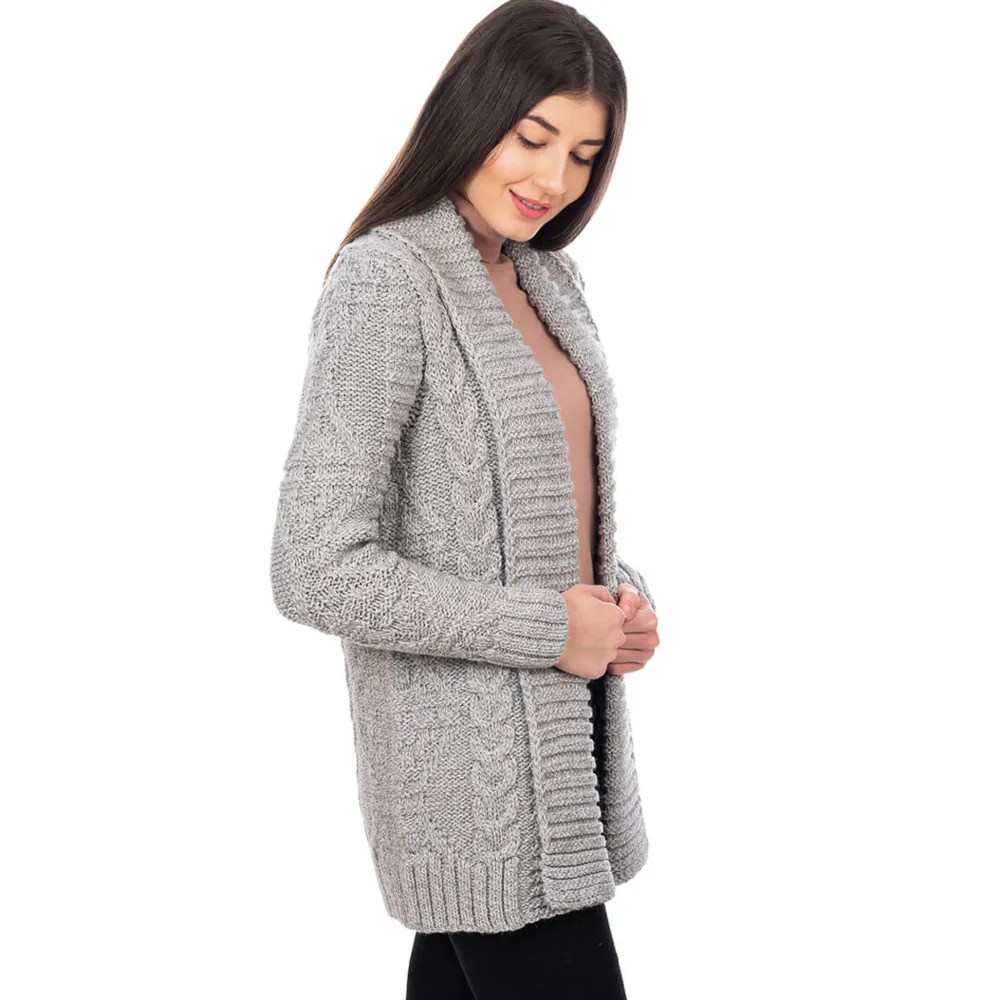 Grey Open Front Cable Knit Cardigan- Shirts & Sweaters