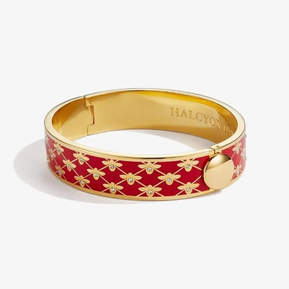Halcyon Days Bee Sparkle Trellis Red & Gold Hinged Bangle- Bracelets & Bangles