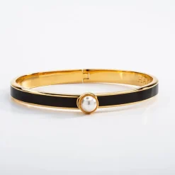 Halcyon Days Cabochon Pearl, Black & Gold Hinged Skinny Bangle- Bracelets & Bangles