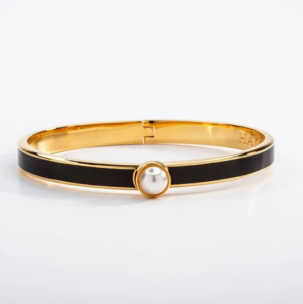 Halcyon Days Cabochon Pearl, Black & Gold Hinged Skinny Bangle- Bracelets & Bangles