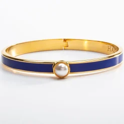 Halcyon Days Cabochon Pearl, Cobalt & Gold Hinged Skinny Bangle- Bracelets & Bangles