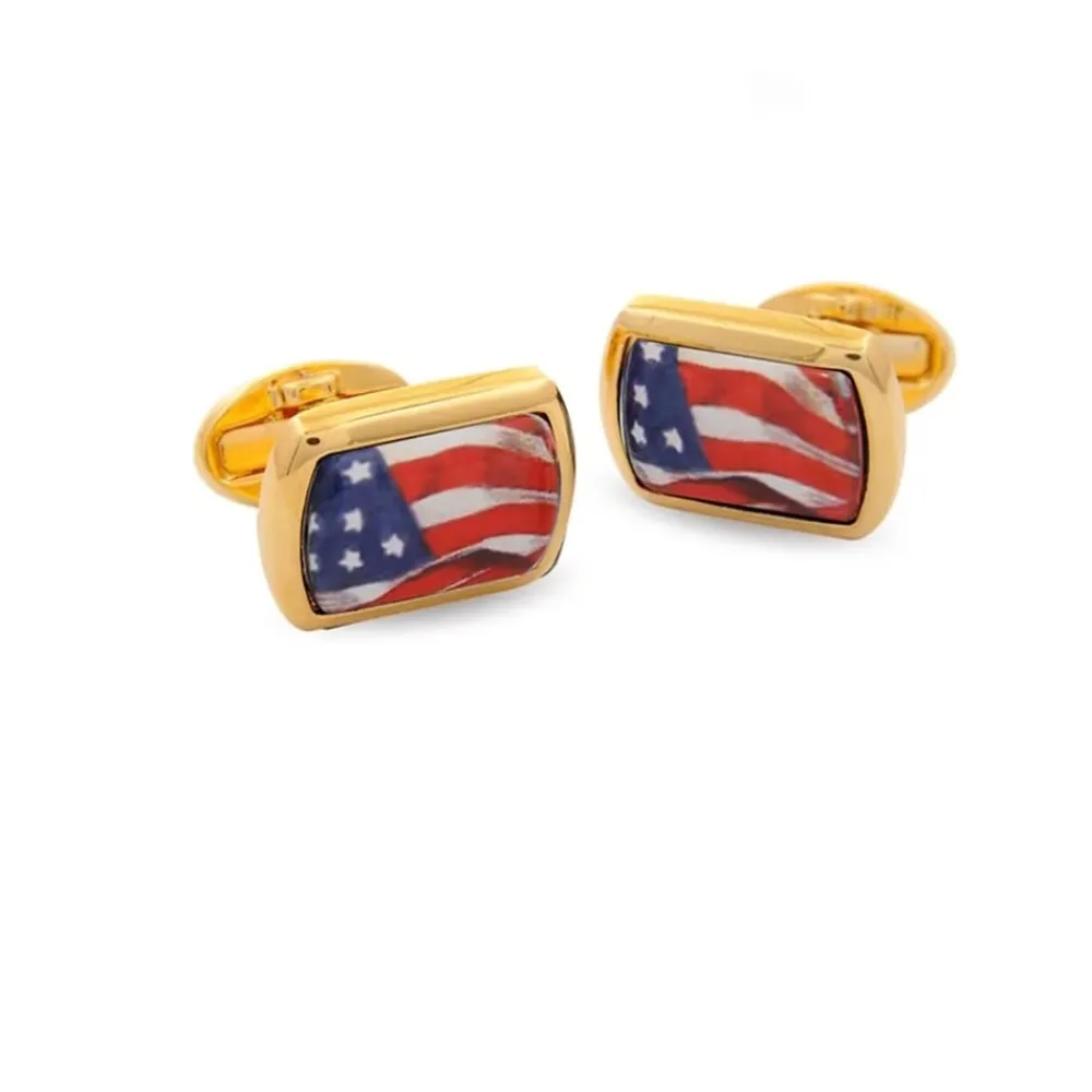 Halcyon Days USA Flag Rectangular Gold Cufflinks- Cufflinks & Men's Accessories