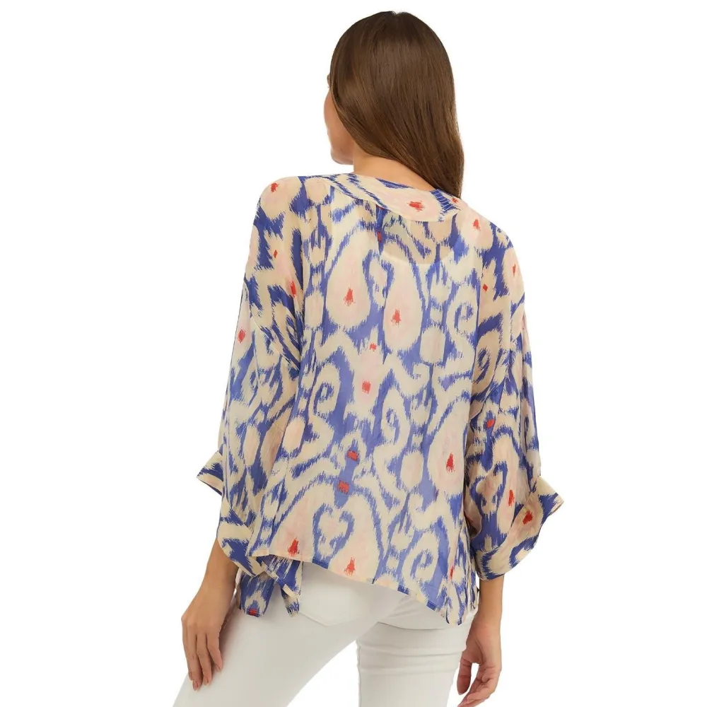 Ikat Print Blue Short Kimono- Robes, Nightgowns & Dresses